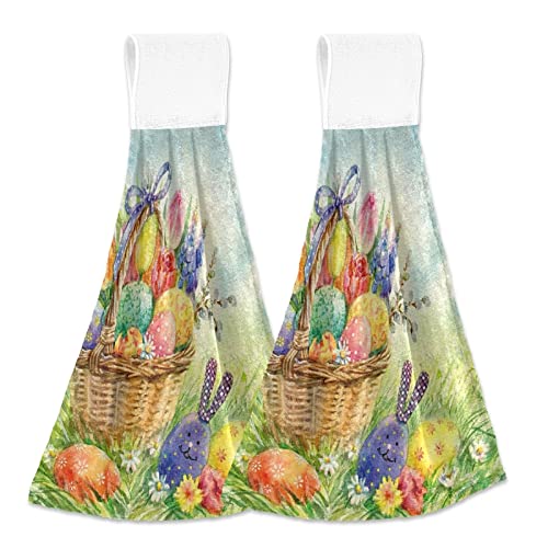 Easter Watercolor Basket Hanging Kitchen Towels - 2 Pack Soft Microfiber Hand Towels with Loops for Spring Holiday Decor, Bathroom & Kitchen Use | Absorbent Coral Velvet Tie Towel for Oven & Washcloth