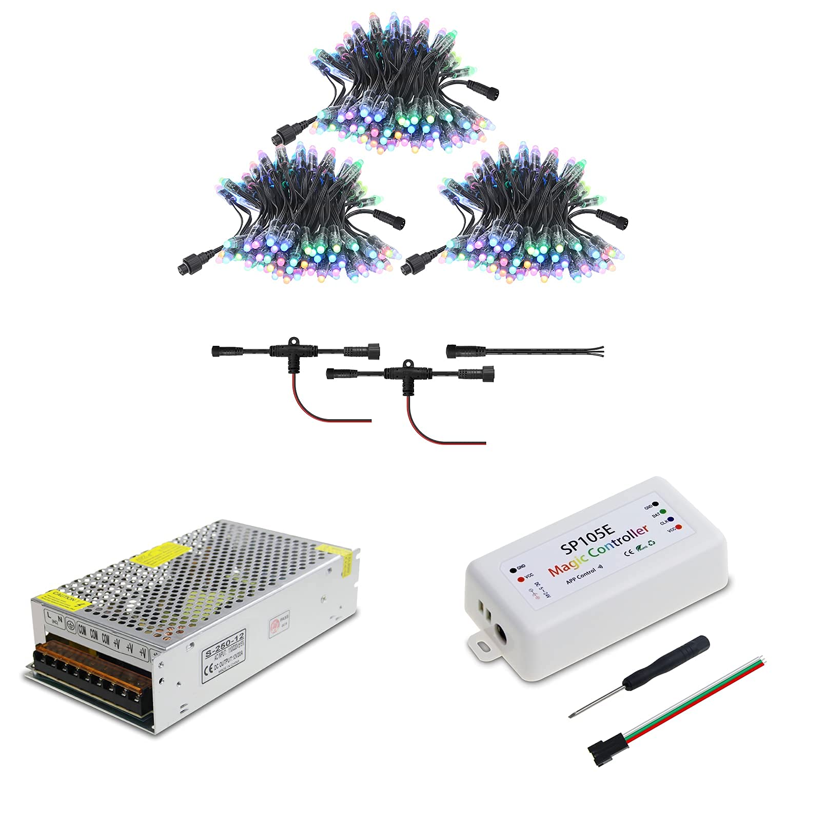 ALITOVE 12V WS2811 Programmable RGB LED String Lights - 300pcs Waterproof IP68 Addressable Bullet Pixels with 12V 20A Power Supply & SP105E Bluetooth Controller for Outdoor Christmas, Party, and Landscape Lighting