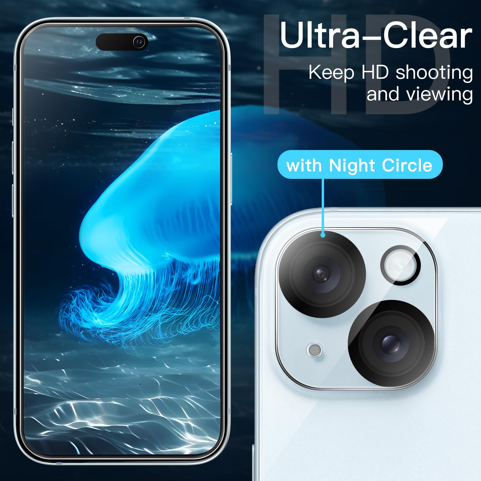 JETech 5-in-1 Matte Shockproof Case for iPhone 15 (6.1-Inch) - Includes 2-Pack Tempered Glass Screen Protectors & Camera Lens Protector - Translucent Blue Back Cover for Everyday Protection & Style