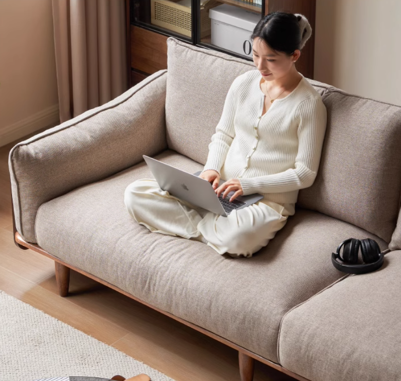 Oak Solid Wood Leather & Fabric Straight Sofa - Durable Modern Living Room Furniture for Home & Office