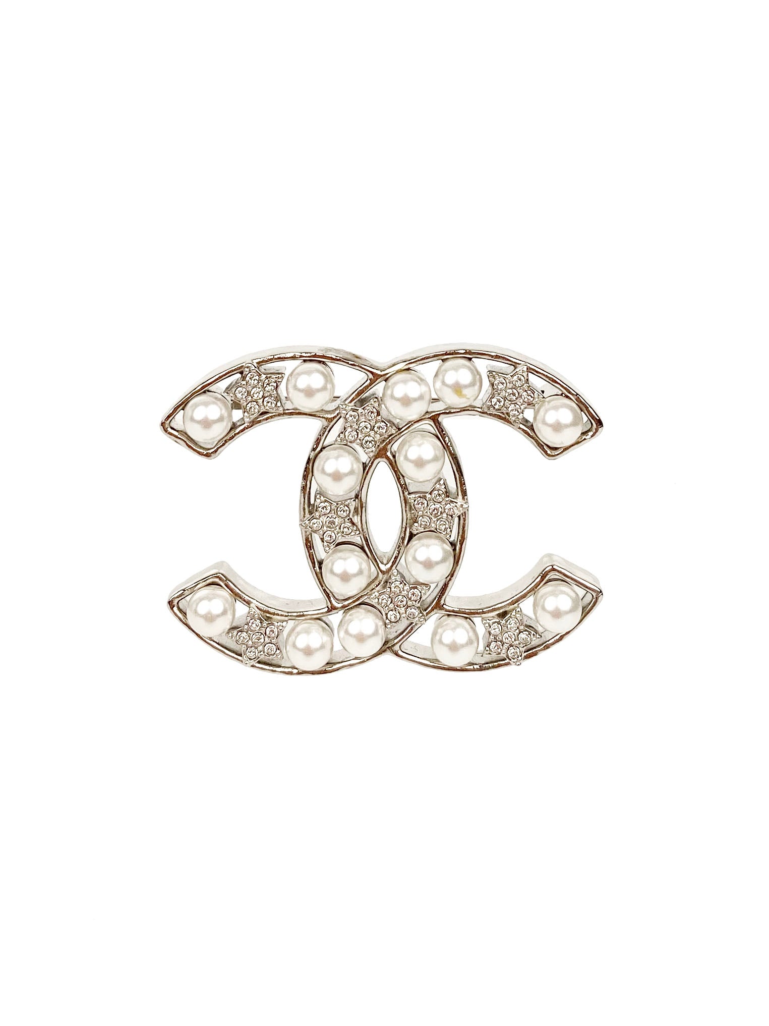 Chanel Silver CC Pearls and Stars Brooch - Elegant Vintage Pin for Women, Luxury Fashion Accessory for Dresses, Jackets & Hats | Perfect for Parties, Weddings & Special Occasions