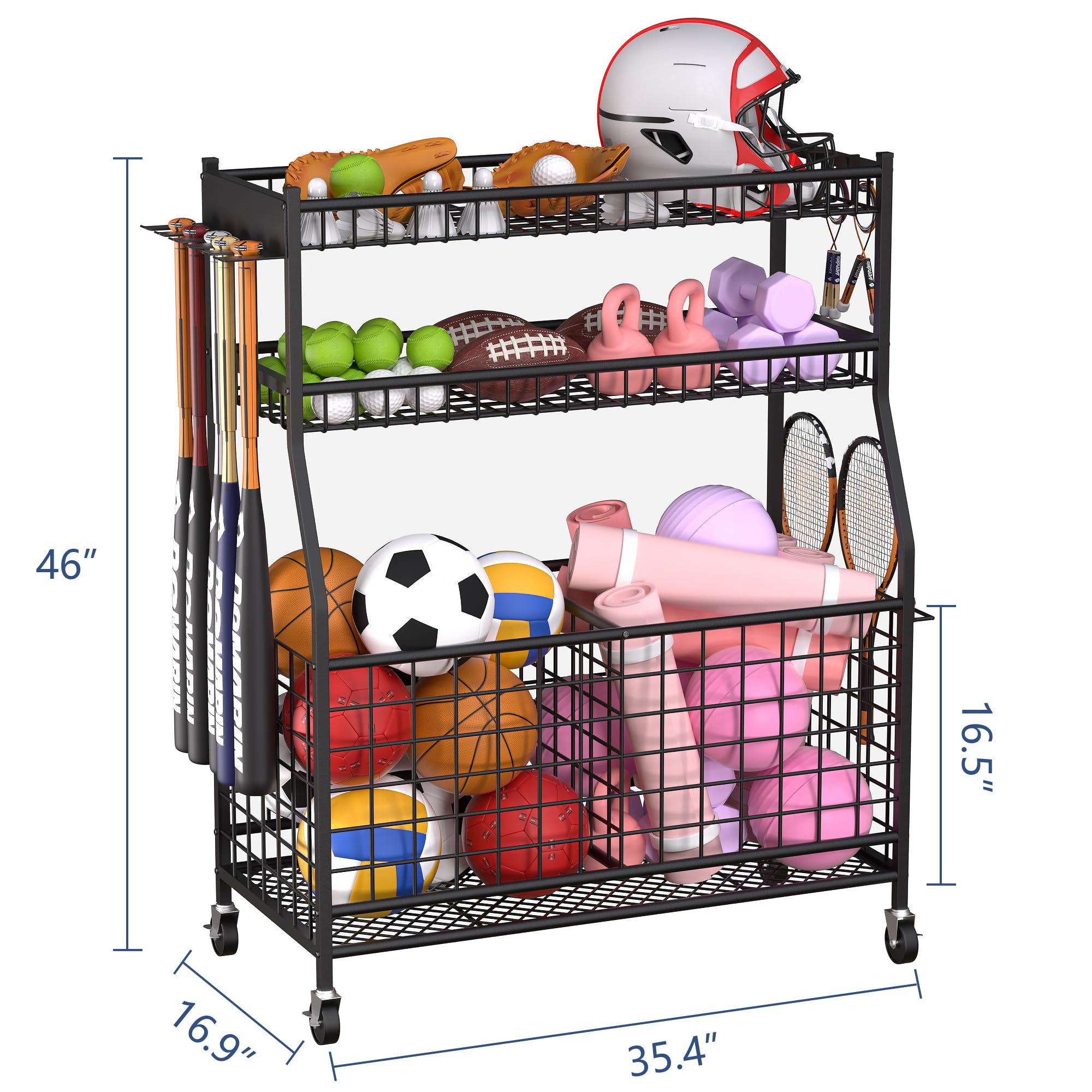 Sports Equipment Organizer - Heavy Duty Garage Storage Rack for Balls & Gear | Black Space-Saving Cart | Perfect for Basketball, Soccer & Baseball Organization