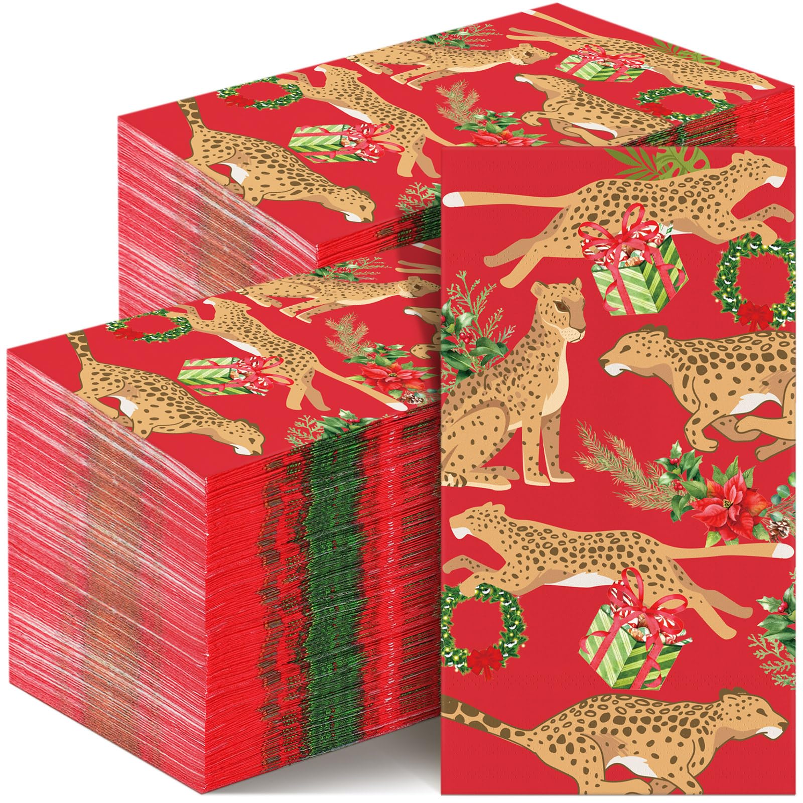 Seajan 200-Pack Christmas Leopard Print Disposable Paper Napkins & Hand Towels - Premium Bathroom Guest Towels for Holiday Parties, Weddings & Home Decor