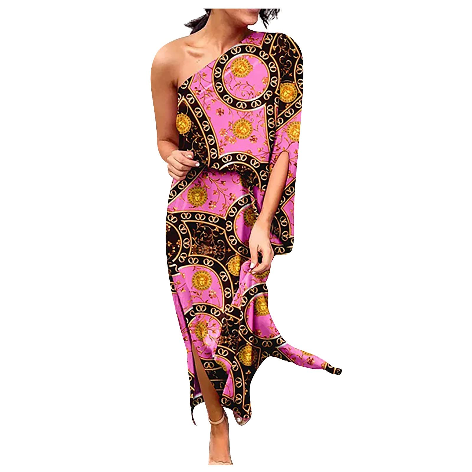 PEALGBI Women's Summer Beach Wrap Dress - Elegant Floral Print, High Waist, Short Sleeve, One Shoulder Long Dress for Casual Outings, Vacations & Date Nights
