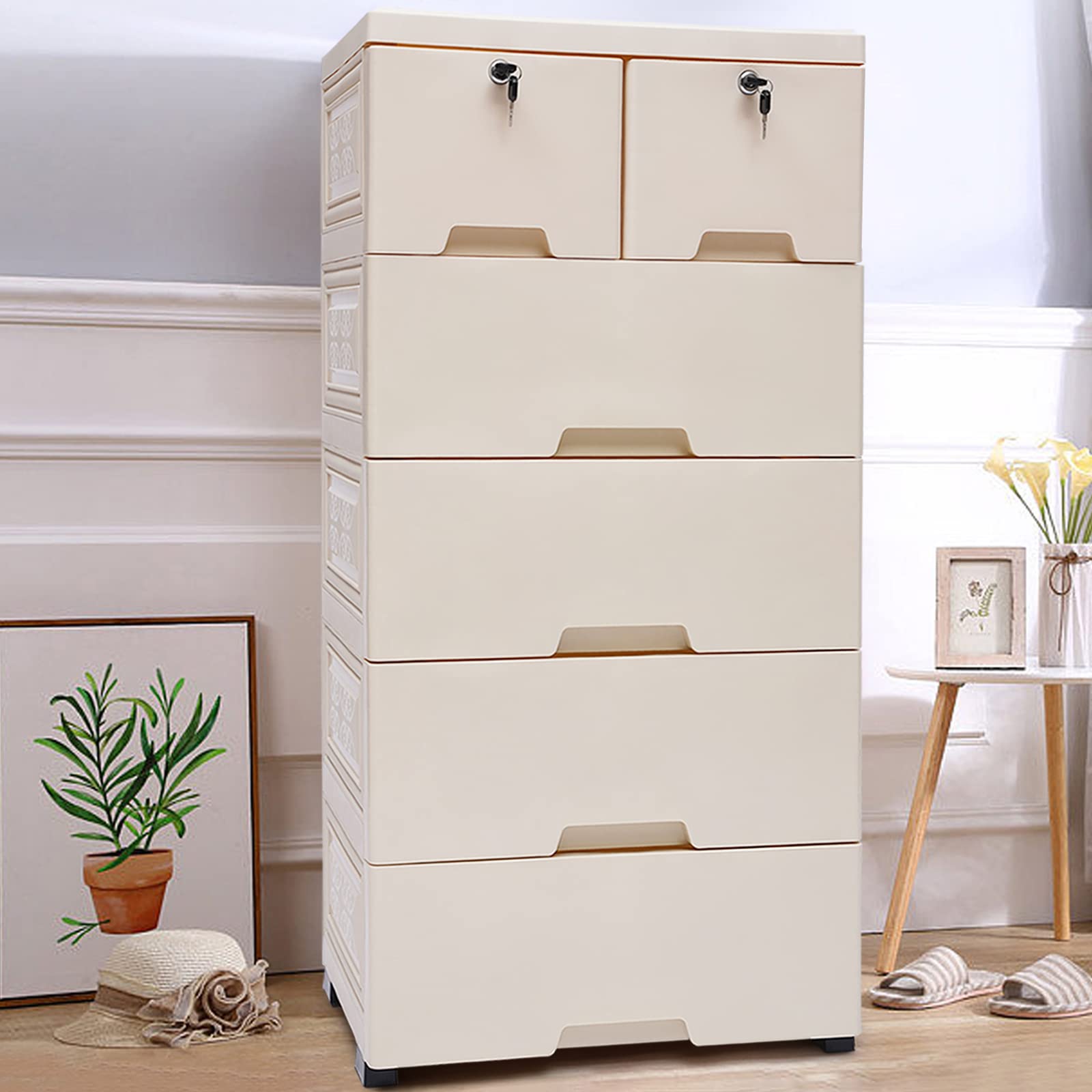6-Drawer Plastic Storage Dresser Cabinet - Stackable Vertical Closet Organizer for Clothes, Toys & Bedroom Essentials | Space-Saving Furniture for Playroom, Dorm, Nursery & Small Spaces | Lockable Chest with Smooth-Glide Drawers