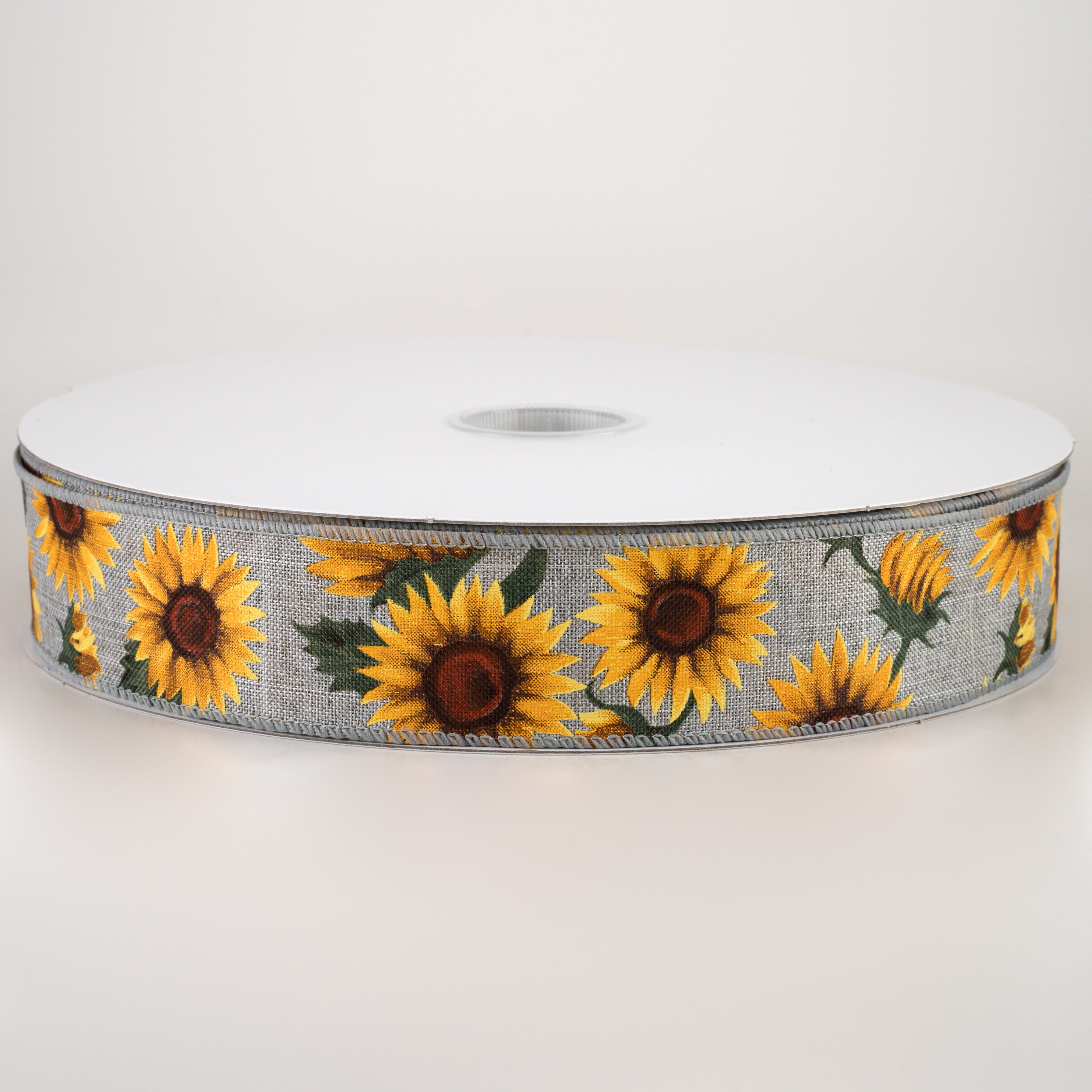 1.5 Inch Linen Sunflower & Leaf Ribbon - 50 Yards Grey Floral Ribbon for Gift Wrapping, DIY Crafts, Wedding Decorations, and Scrapbooking
