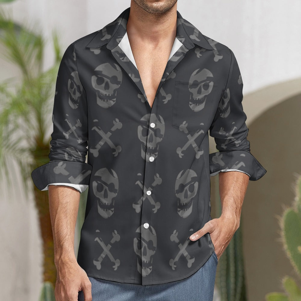 Faded Skull & Crossbones Graphic Long Sleeve T-Shirt for Men - Vintage Pirate Style Casual Top for Streetwear, Halloween & Rock Music Fans