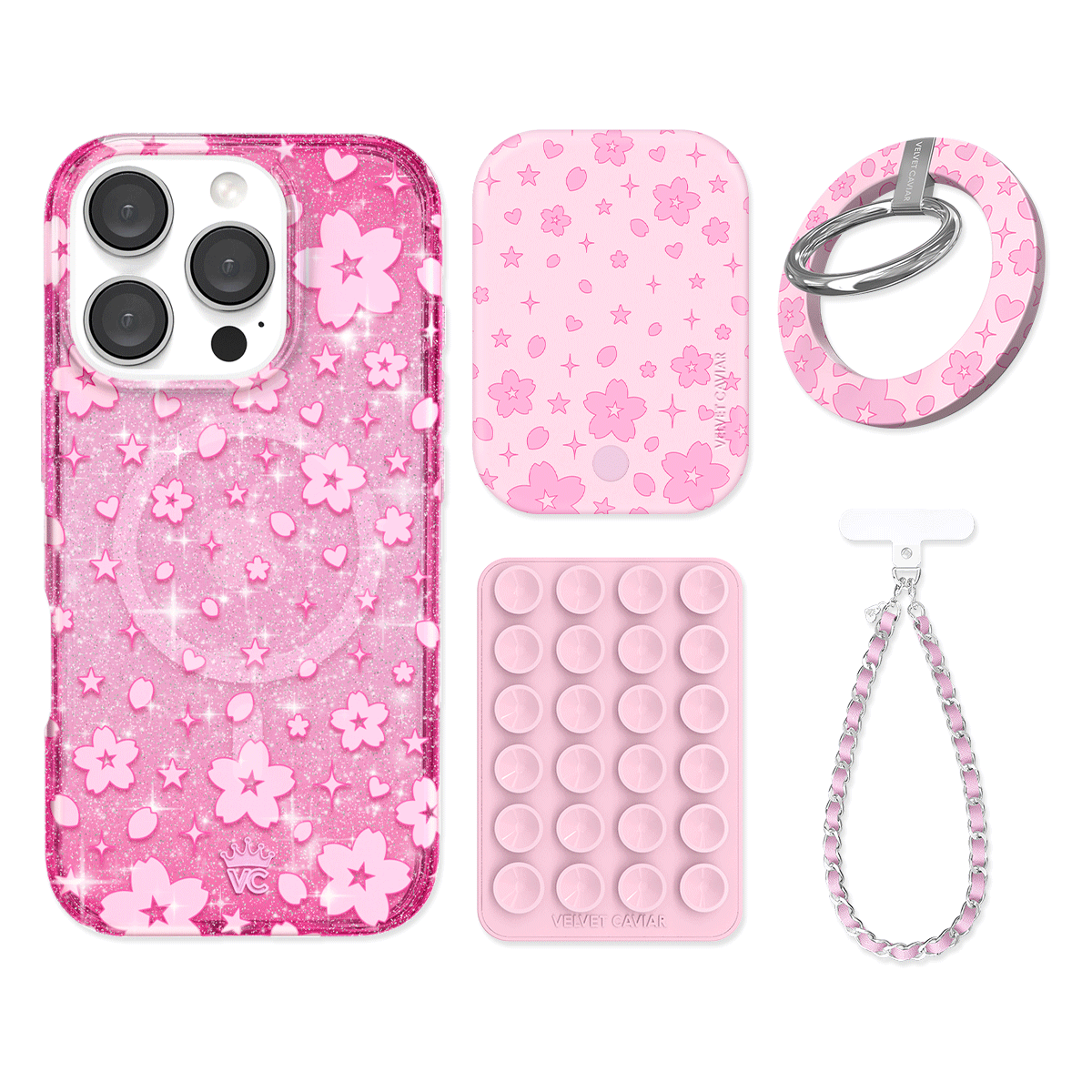 Cherry Blossom Glitter iPhone Case with Grip - Cute Floral Phone Cover for iPhone 13/14/15 Pro Max - Non-Slip Shockproof Protection - Perfect for Daily Use, Travel & Selfies