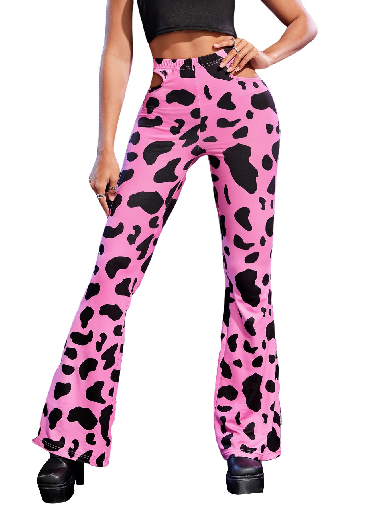 WDIRARA Women's Floral Print Stretchy Elastic Waist Flare Leg Pants - Comfortable Casual Long Pants for Work, Travel & Everyday Wear