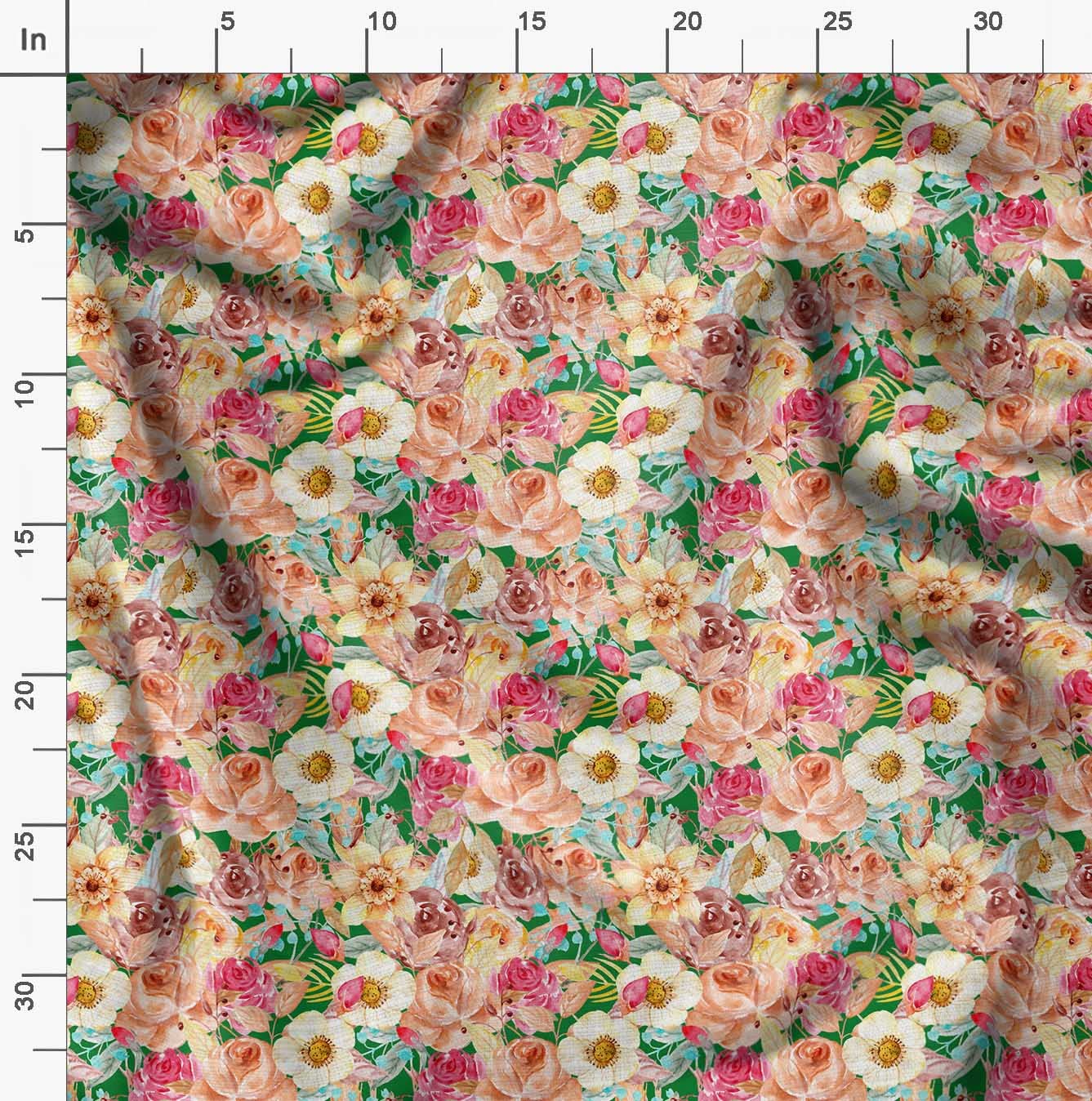 Soimoi Moss Green Georgette Fabric by The Yard - 42 Inch Wide Floral Printed Textile with Anemone & Roses Botanical Design for DIY Crafts, Dresses, Curtains & Home Decor