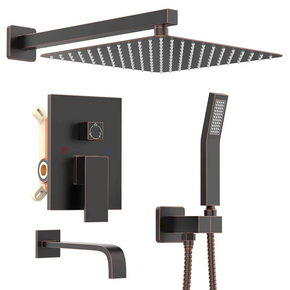 Premium Oil Rubbed Bronze Shower System - 12 Inch Rainfall Shower Head with High Pressure, Handheld Spray, Durable Faucet Trim & Bathtub Spout - Luxury Bathroom Mixer Set for Spa-Like Experience (Perfect for Master Bath & Guest Suite Renovations)