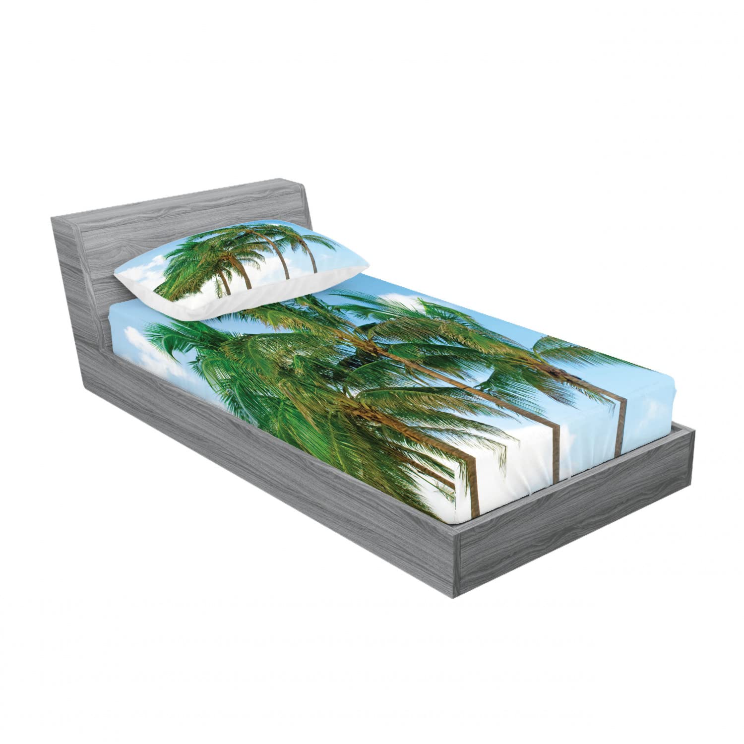 Ambesonne 2-Pack Twin XL Fitted Sheets & Pillow Sham Set - Exotic Tropical Nature Print, 4-Piece Bedding Decor in Green | Perfect for Dorm Rooms, Guest Beds & Vacation Homes