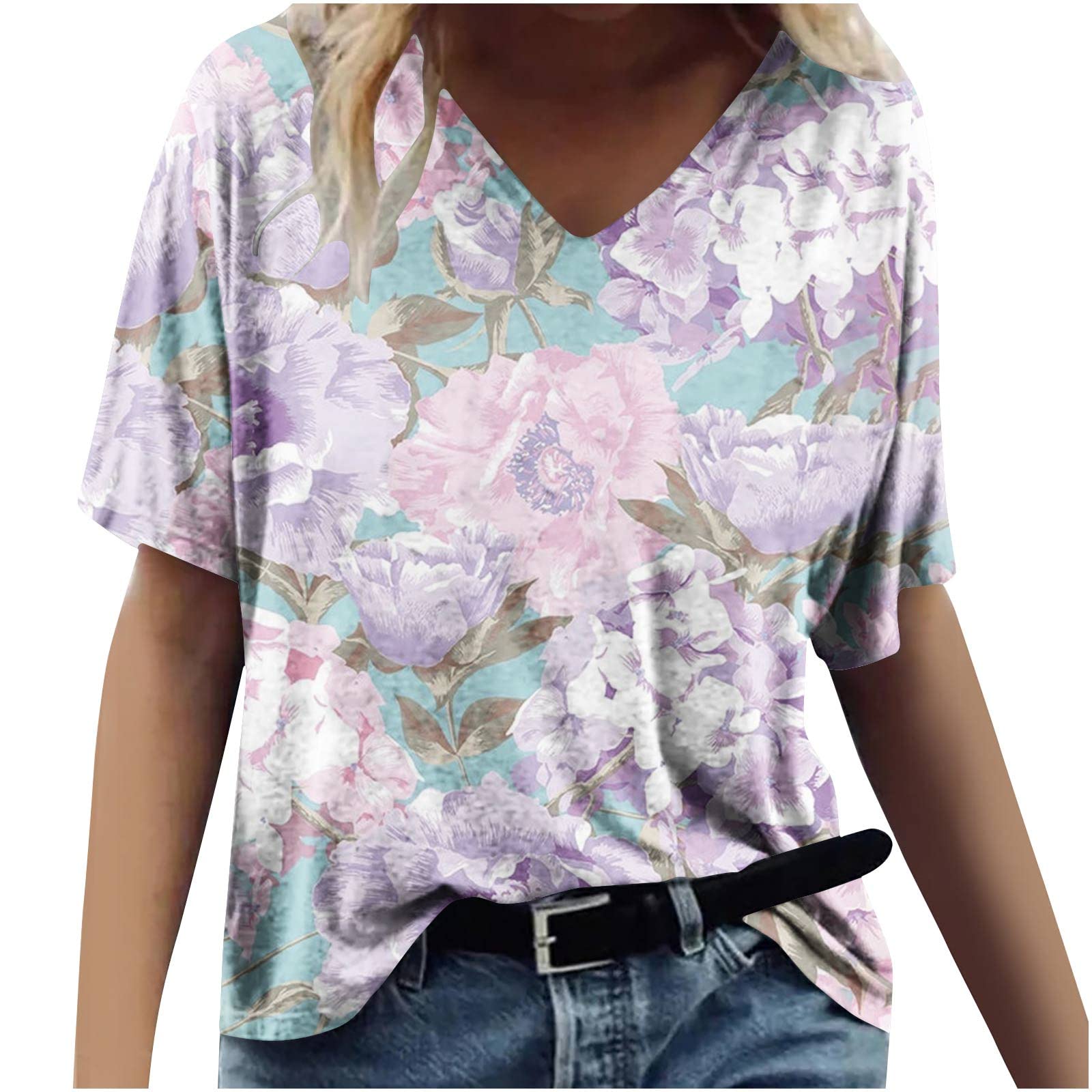 Floral Women's Shirts - Loose Fit Short Sleeve V-Neck T-Shirts | Summer Casual Hawaiian Beach Tees for Vacation, Outdoor & Daily Wear