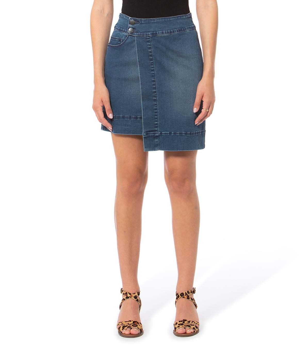 Lola Jeans Women's High Rise Asymmetrical Skirt - Stretchy Denim Midi Skirt with Side Slit | Perfect for Casual Outings, Date Nights & Office Wear