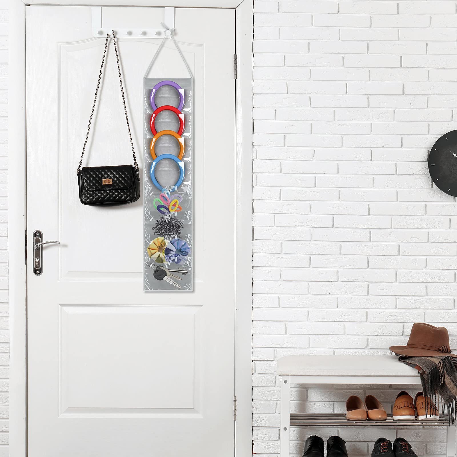 Shappy Hanging Headband Holder with Clear PVC Pockets - 8.7 Inch Gray Headband Organizer for Women, Hair Accessories & Headphones Storage - Perfect for Bedroom, Bathroom, Classroom & Dorm Organization