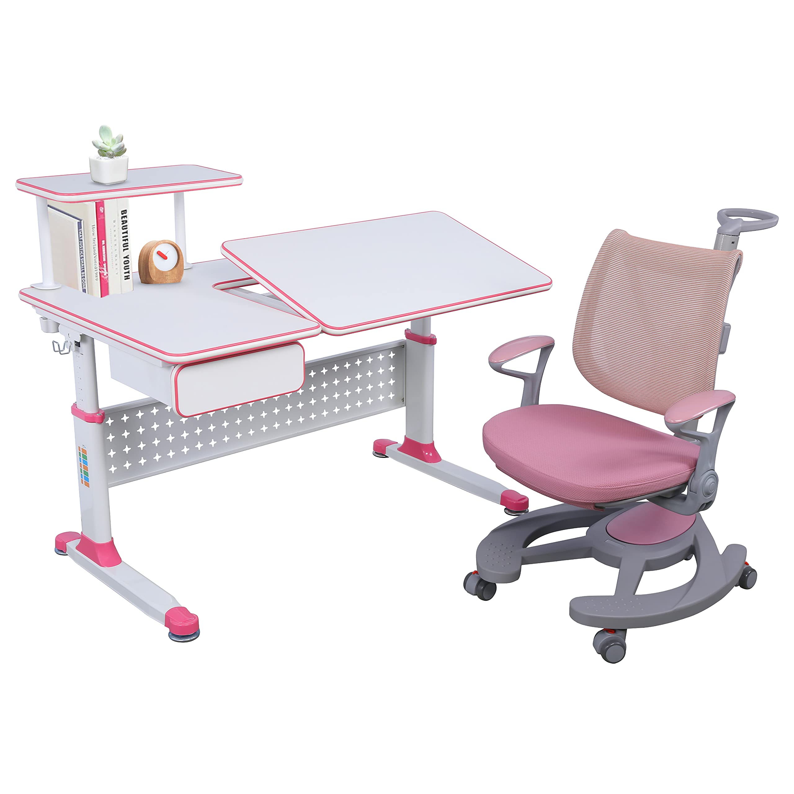 ApexDesk MK Series Kids Adjustable Height Study Desk & Chair Set with Built-in Shelf and Storage Drawer - Pink Desk & Chair Bundle for Home Schooling and Online Learning