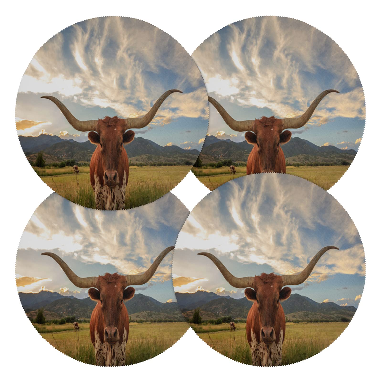 Texas Longhorn Steer Placemats Set of 4 - 15.4 Inch Round Heat Resistant Polyester Table Mats for Dining & Kitchen - Washable Home Decor for Western Theme Parties, BBQ Gatherings & Ranch Style Dining
