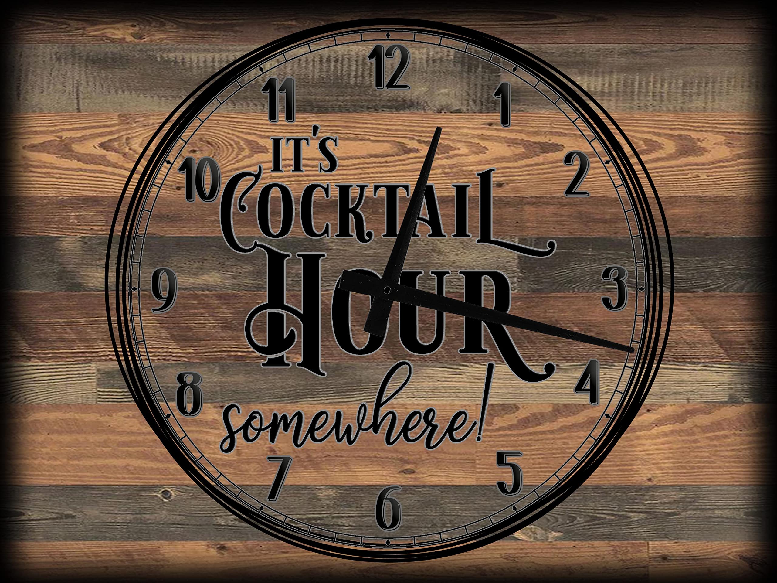Large Brown Wall Clock Canvas Art - 'It's Cocktail Hour Somewhere' Bar Drinking Theme, 12 x 16 Inch, Perfect for Home, Office, or Bar Decor