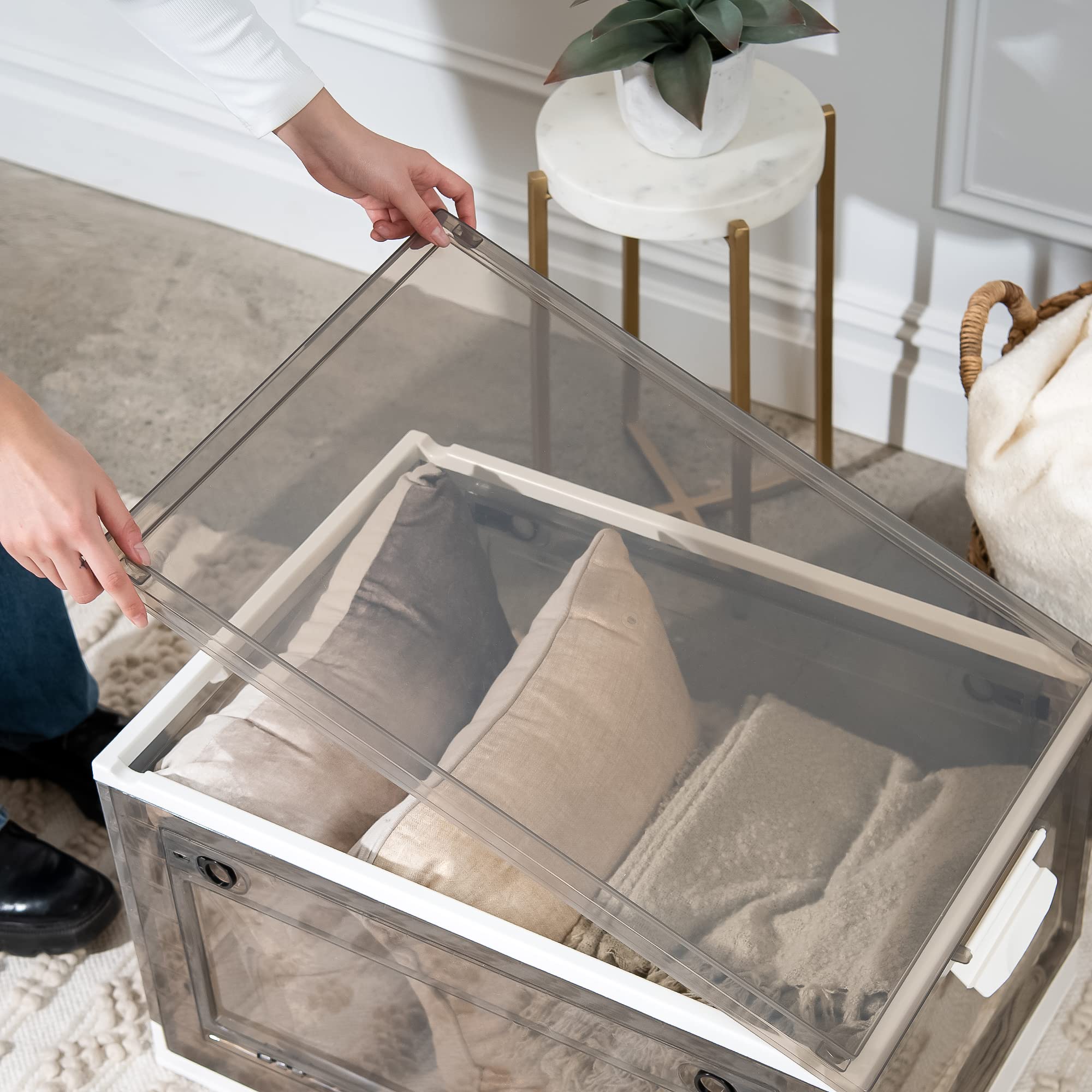 Best 2-Pack X-LARGE Storage Bins with Side Opening - Stackable, Collapsible & Foldable Storage Boxes for Home & Office Organization (White) - Perfect for Closet, Garage, Kids Room & Pantry Storage
