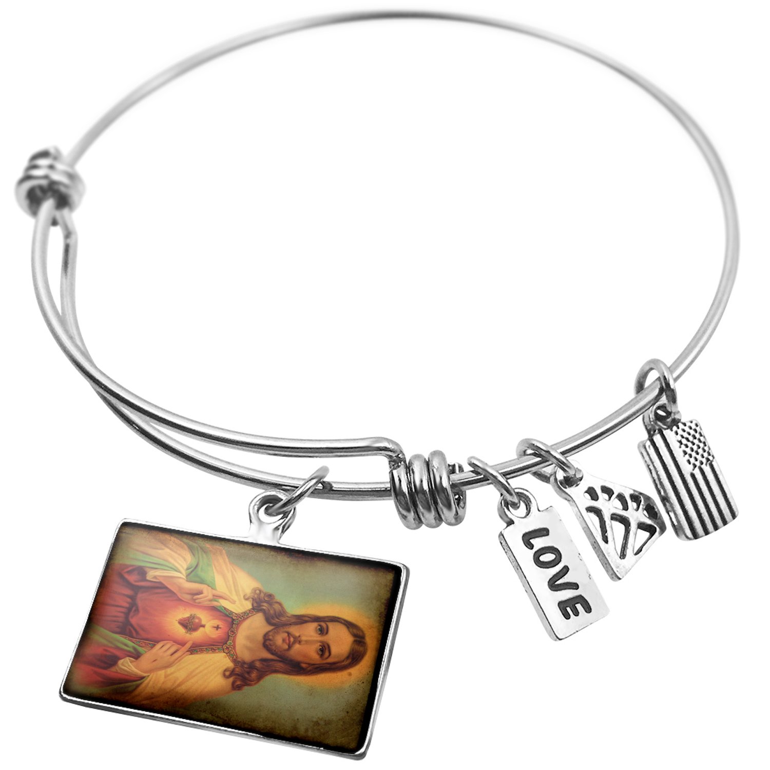 Vintage Expandable Wire Bangle Bracelet with Jesus Charm - Adjustable Cuff for Women - Perfect for Church, Weddings & Everyday Wear