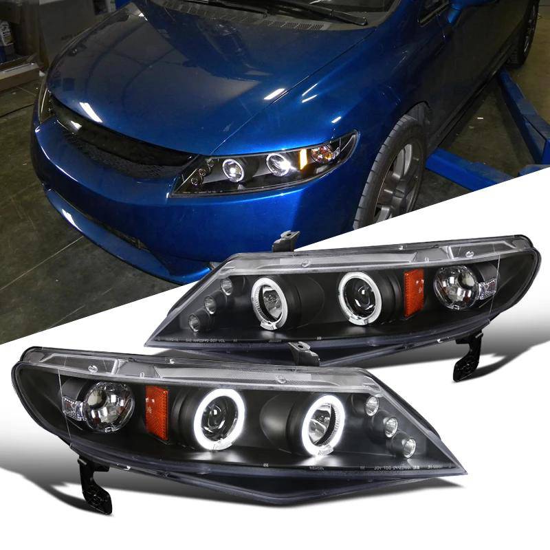 2006-2011 Honda Civic Sedan 4dr Black Dual Halo LED Projector Headlight Housing Kit - Upgrade for Night Driving & Custom Style