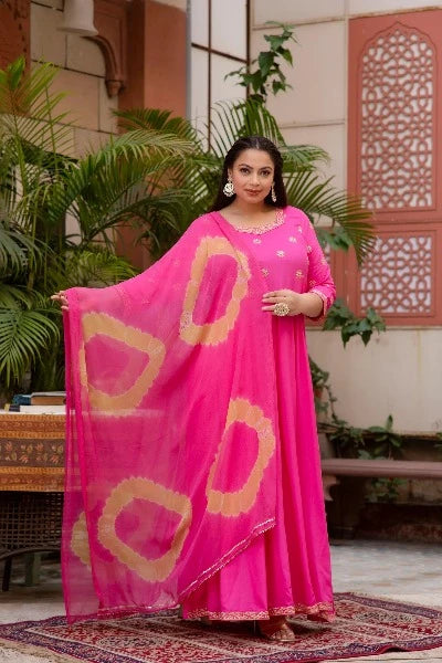 Stylish Pink Bandhani Anarkali Plus Size Kurti Dupatta Set of 2 - Elegant Indian Ethnic Outfit for Women, Perfect for Weddings, Festivals & Special Occasions