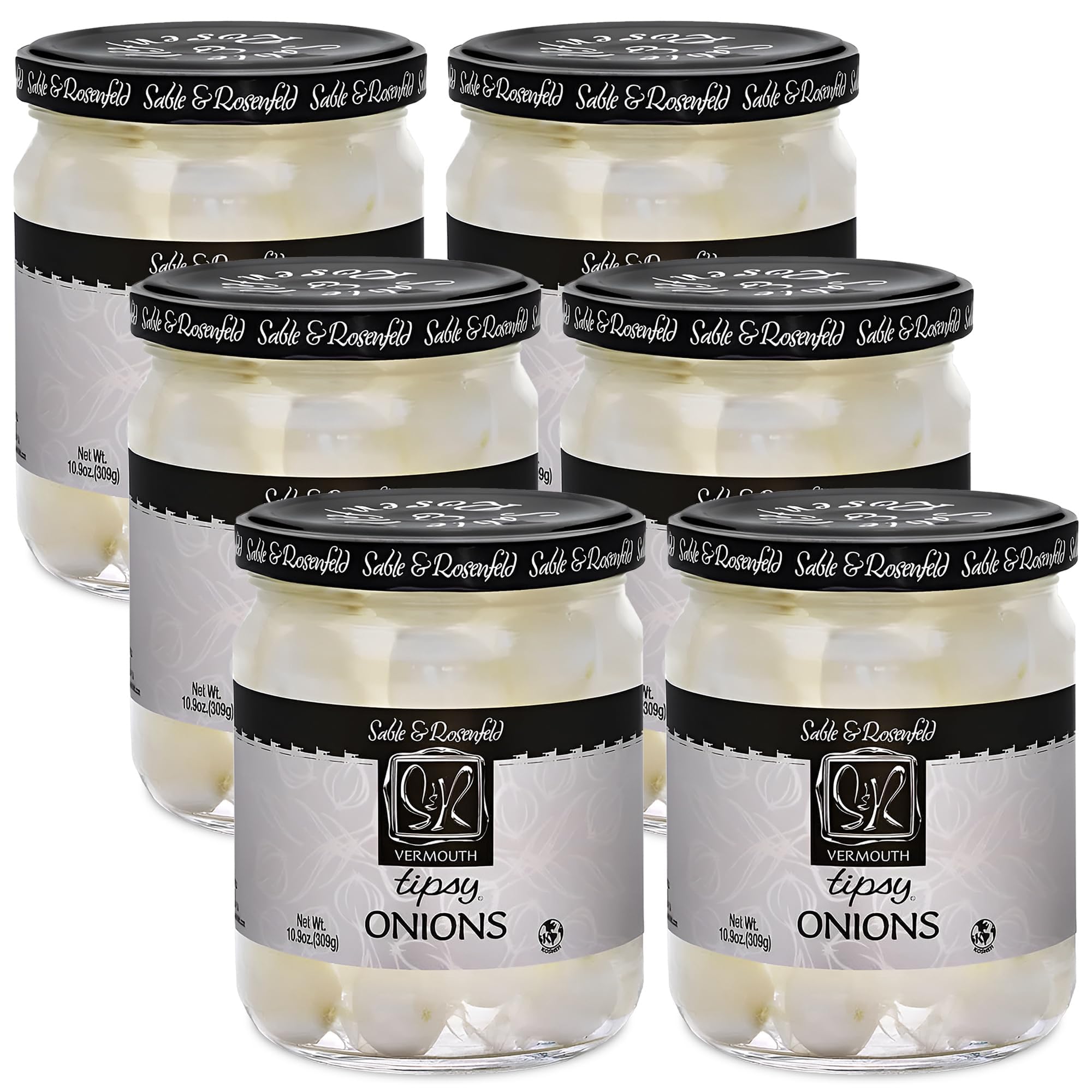 Premium Tipsy Cocktail Onions in Jar with French Vermouth - Gourmet Pickled Silverskin Onions for Martinis, Gibsons & Cocktails - Kosher Parve Snack & Appetizer - Sable & Rosenfeld - 10.9oz (Pack of 6) - Perfect for Home Bars, Dinner Parties & Holiday Entertaining