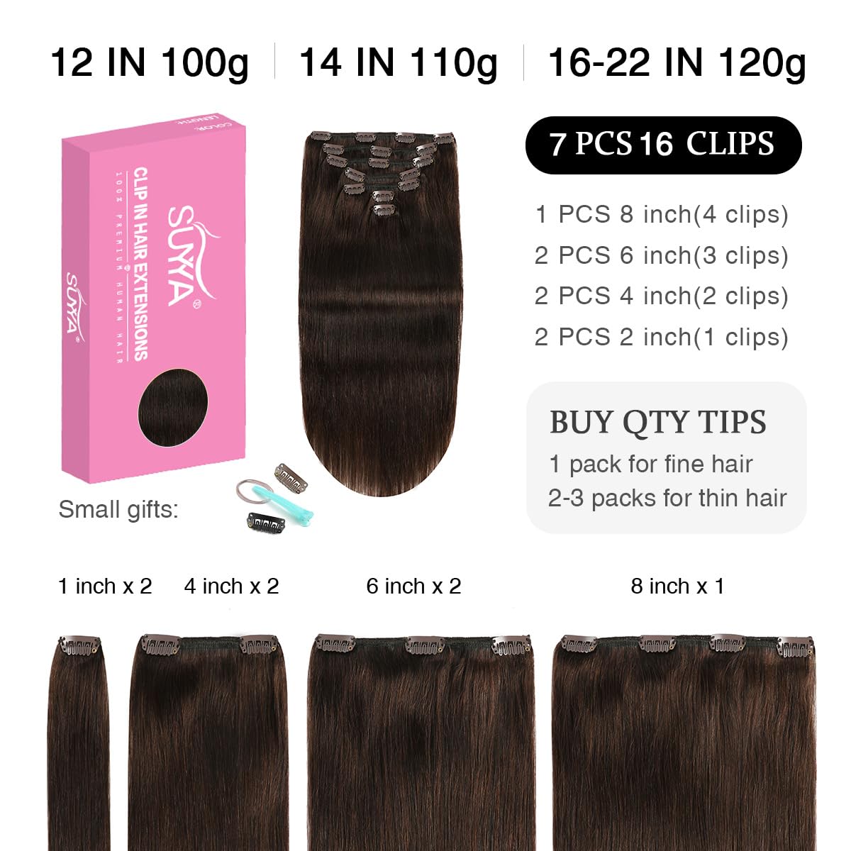 SUYYA Clip in Hair Extensions 7pcs 120g - 100% Real Human Hair, Straight Double Weft, 22 Inches #2 Darkest Brown - Perfect for Volume, Length & Styling for Parties, Weddings & Daily Wear