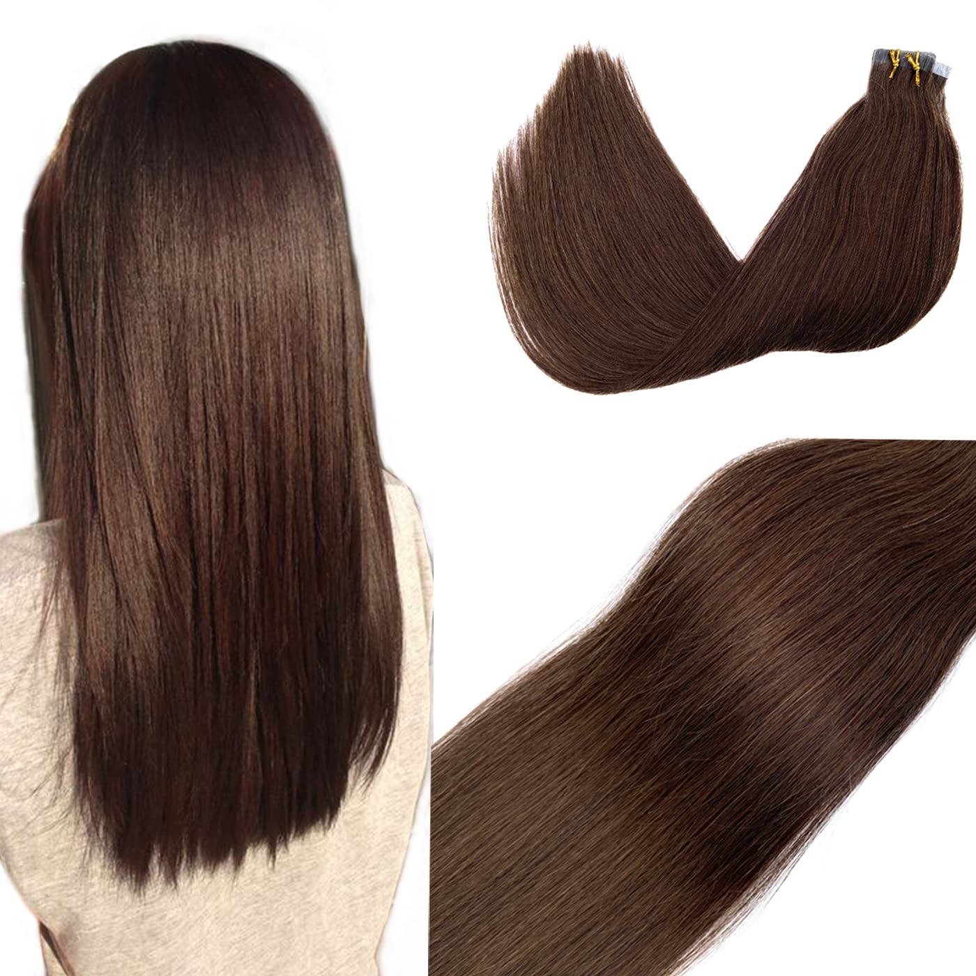 20 Inch Chocolate Brown Tape in Hair Extensions - 50g Real Human Hair, Seamless Skin Weft with Double Sided Tape for Women | Perfect for Volume, Length & Styling for Parties, Weddings & Daily Wear