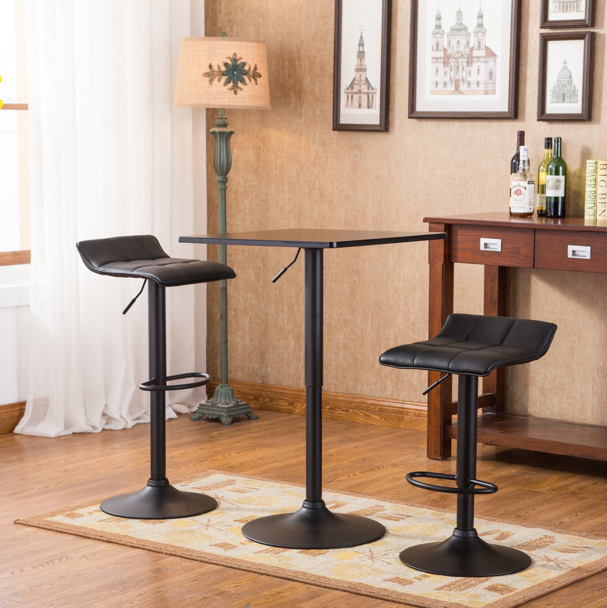 Roundhill Furniture Belham Black Square Adjustable Metal Base 3-Piece Bar Table Set - Modern Counter Height Dining Set for Kitchen, Bar, or Patio