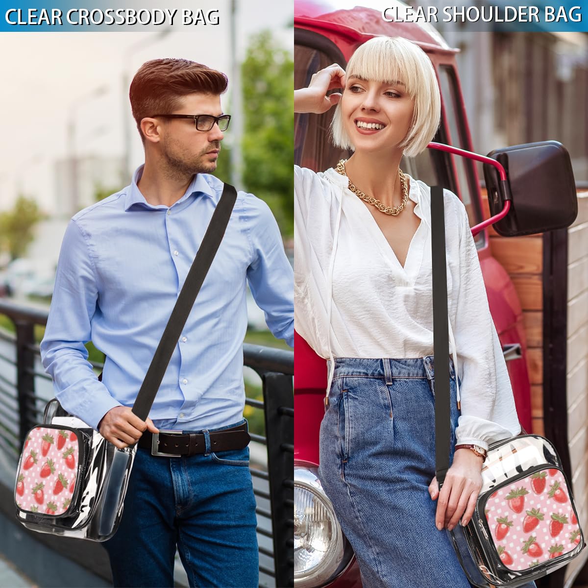 Strawberry Pink Clear Crossbody Purse - Stadium Approved Transparent Bag for Women & Men | Perfect for Music Festivals, Sports Events, Concerts & Theme Parks | Trendy See-Through Shoulder Bag