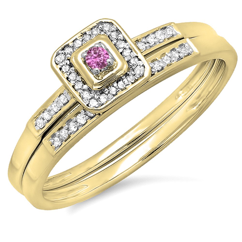 10K Solid Gold Pink Sapphire & White Diamond Halo Engagement Ring Set | Dazzlingrock Collection | Wedding, Proposal, Anniversary Gift for Her