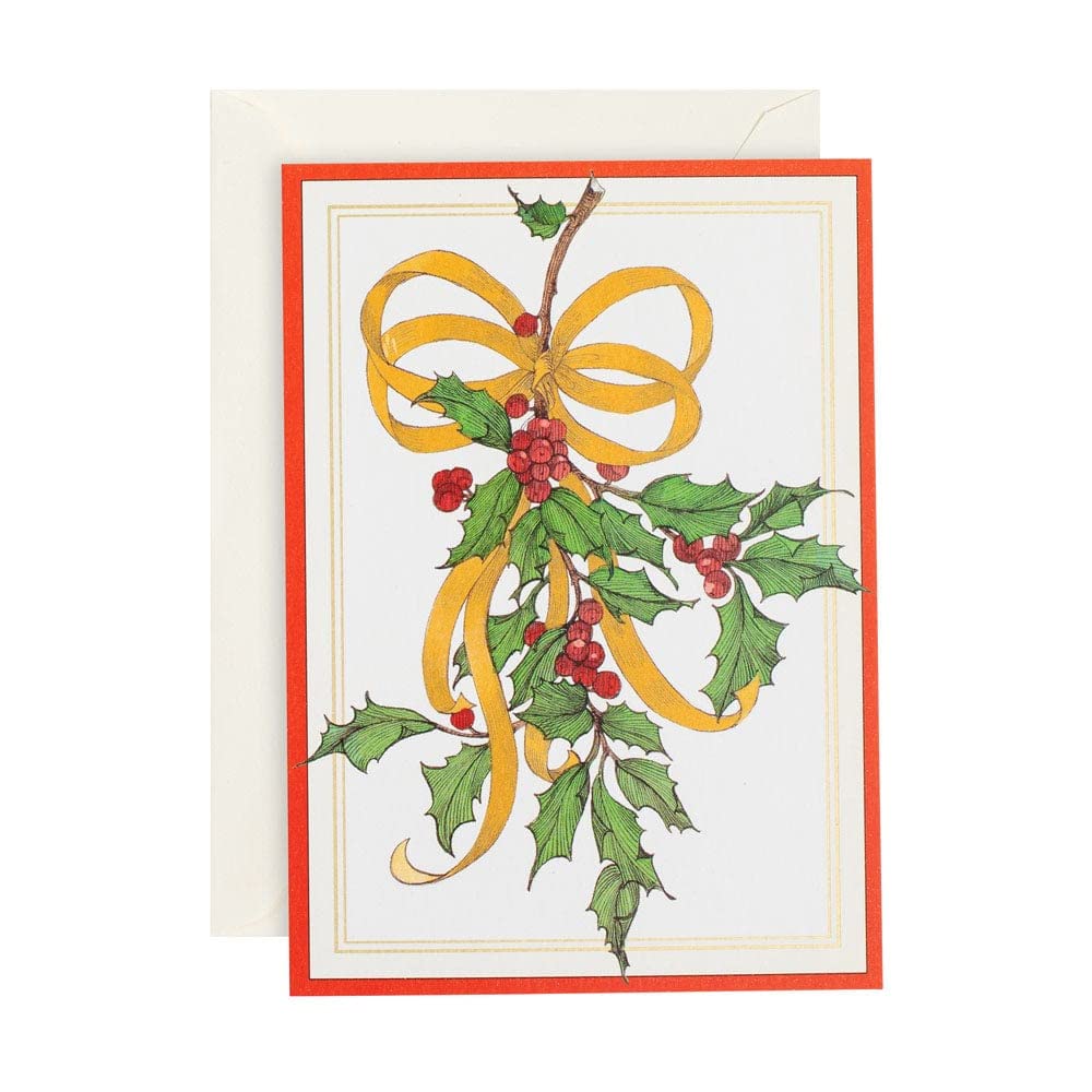 Caspari Holly and Ribbon Small Boxed Christmas Cards - Set of 16 Greeting Cards with Envelopes | Holiday Party Invitations, Office Gifts & Festive Greetings