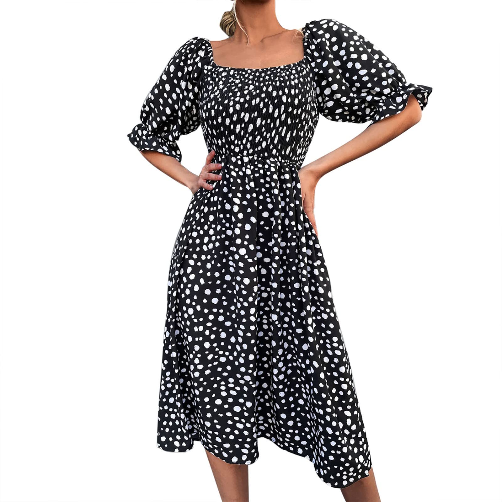 Boho Floral Dress for Women - Puff Sleeve Square Neck A-Line Midi Dress with Slit | Summer Casual Dress, Beach Cover Up, Wedding Guest Outfit, Vacation Dress