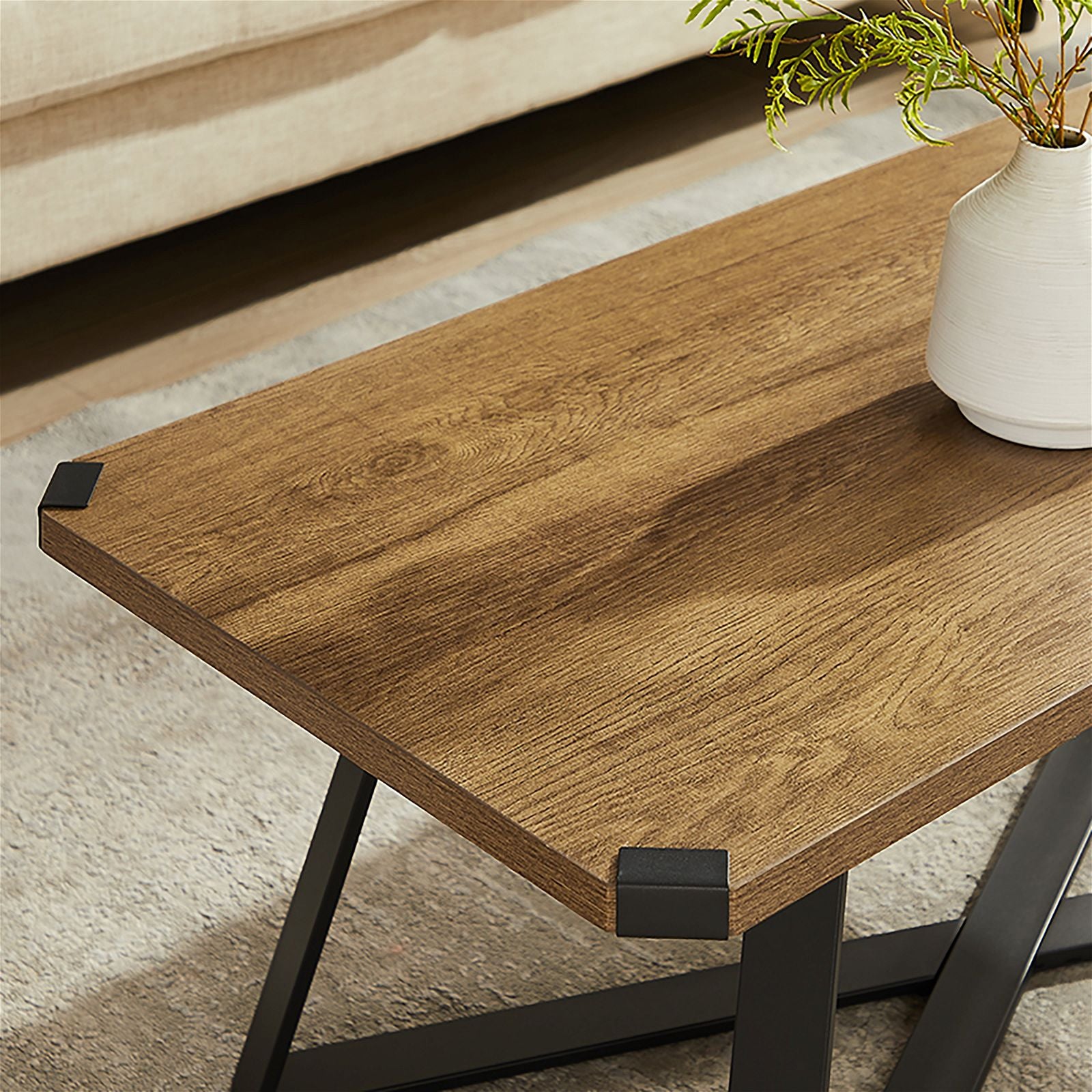 Criterionâ¢ 43-Inch Dark Oak Capri Coffee Table with Black Metal Legs & Accents - Modern Living Room Centerpiece for Home Decor