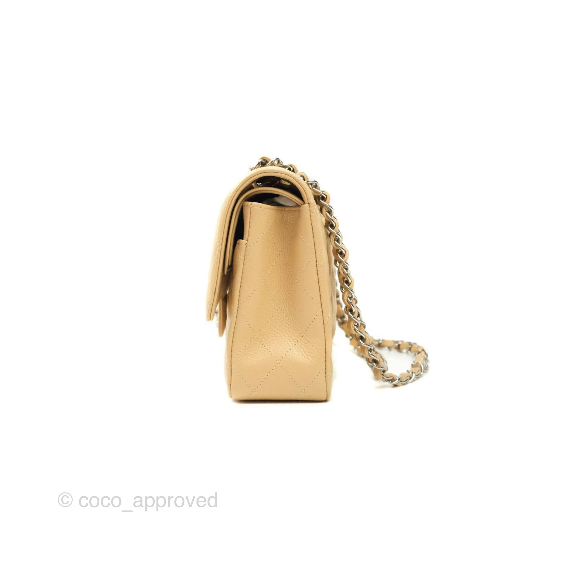 Chanel Classic M/L Medium Double Flap Bag in Beige Caviar Leather with Silver Hardware - Luxury Handbag for Women, Perfect for Work, Parties & Everyday Use