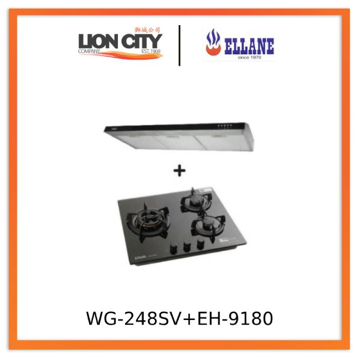 Ellane 60cm/90cm Slimline Hood with Black Panel EH 9180 + 3 Burner Glass Hob WG 248SV - Modern Kitchen Ventilation & Cooking Solution for Home Chefs