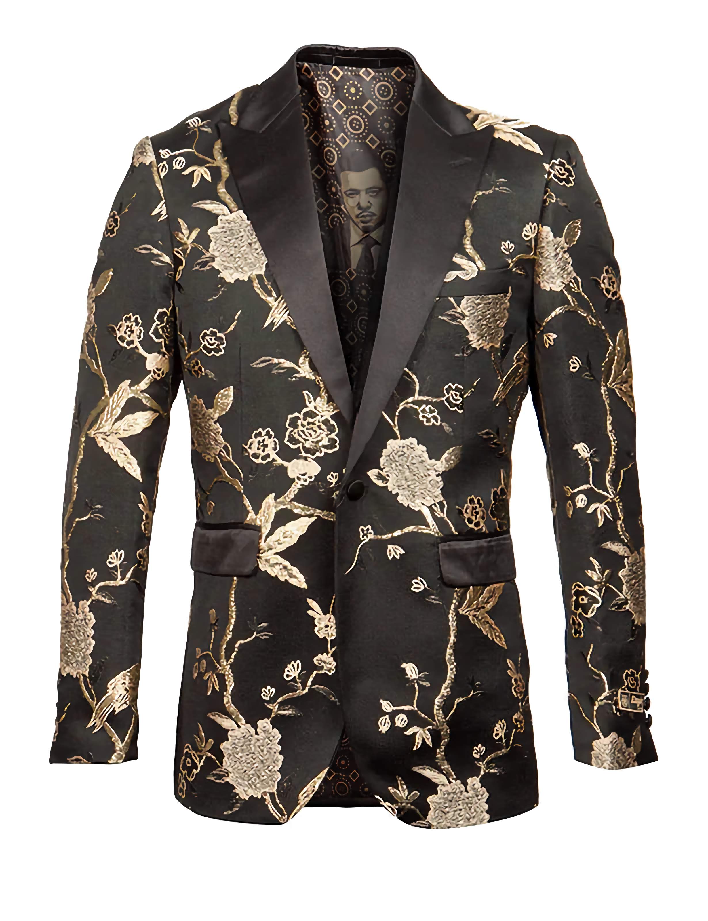 Elegant Gold and Black Slim Fit Floral Pattern Sports Coat for Men - Perfect for Weddings, Parties & Formal Events