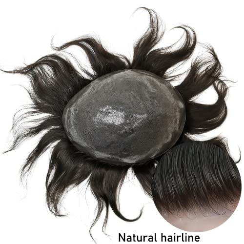 Yanahair Men's Toupee Replacement System - 100% European Real Human Hair, 0.04mm Soft Thin Skin PU V-loop Hairpiece (#1 Jet Black, 8x10
