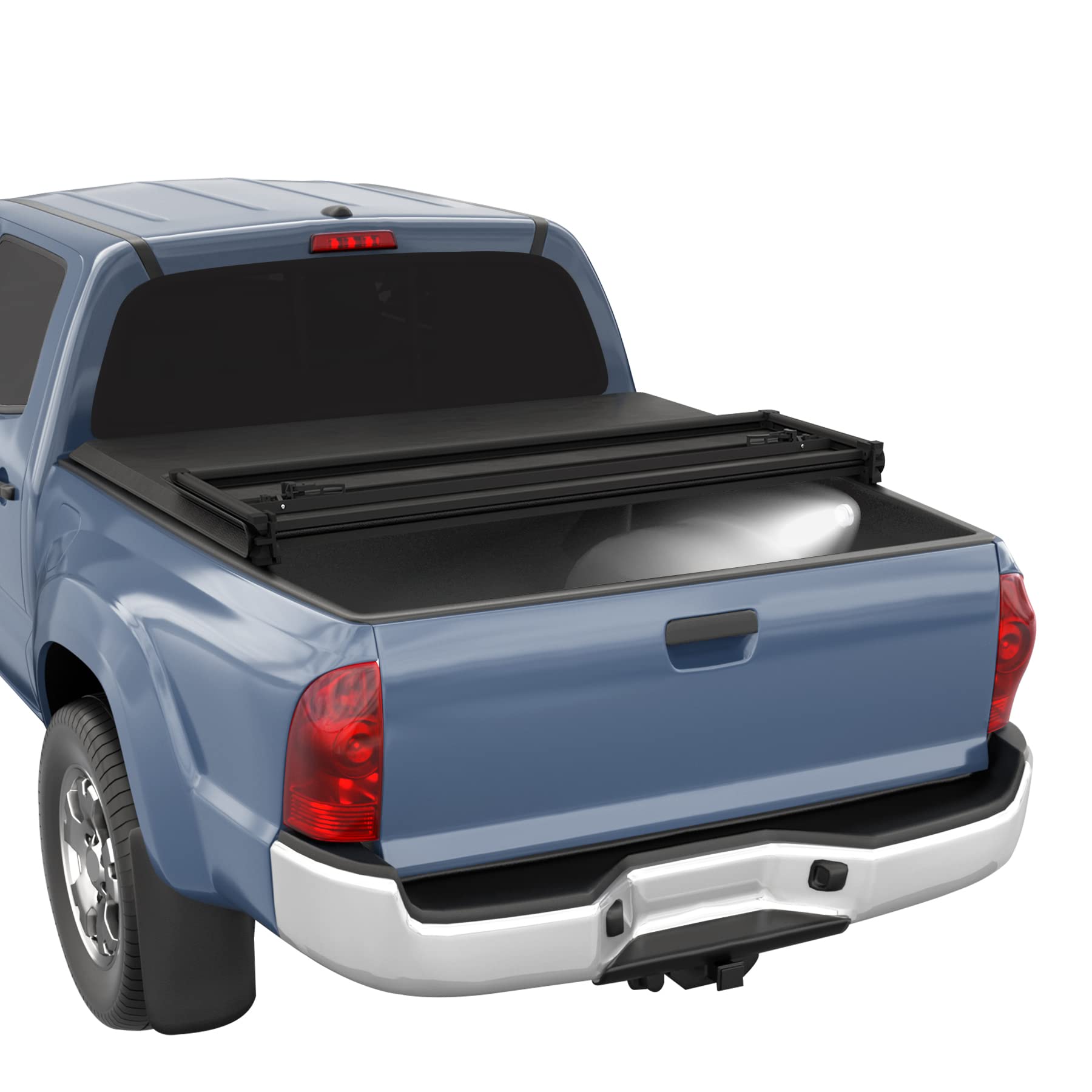 CARMOCAR Soft Tri-Fold Truck Bed Cover for 2007-2021 Toyota Tundra 5.5FT | Waterproof Pickup Truck Tonneau Cover with LED Lights | Durable Bed Accessories for Camping & Hauling
