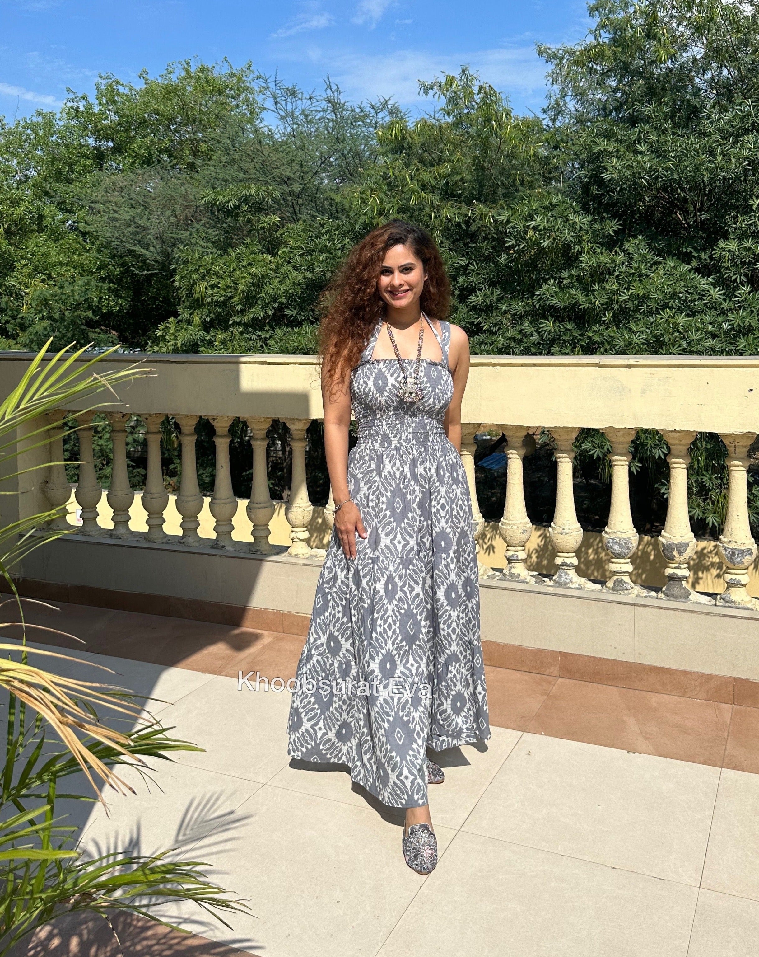 Grey Cotton Tiered Maxi Dress for Women - Flowy Summer Beach Dress, Casual Boho Chic Outfit for Vacations & Outdoor Events