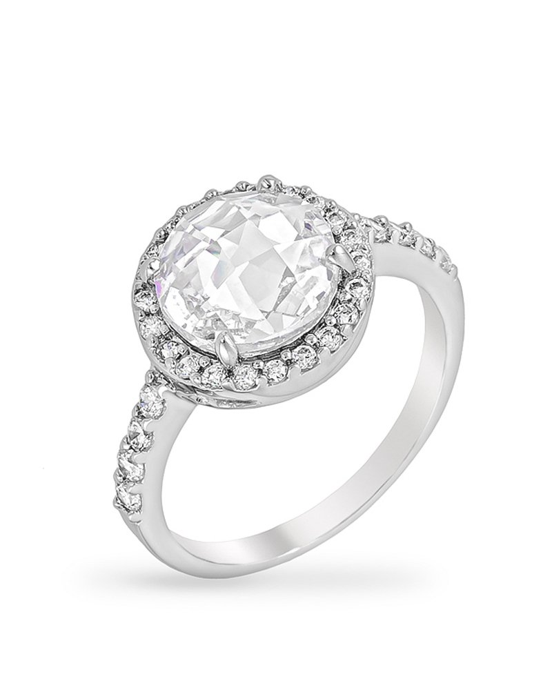 Genuine Rhodium Plated Round Faceted Halo Engagement Ring with Round Cut Cubic Zirconia Accents - Size 10 | Perfect for Proposals, Weddings & Anniversary Gifts