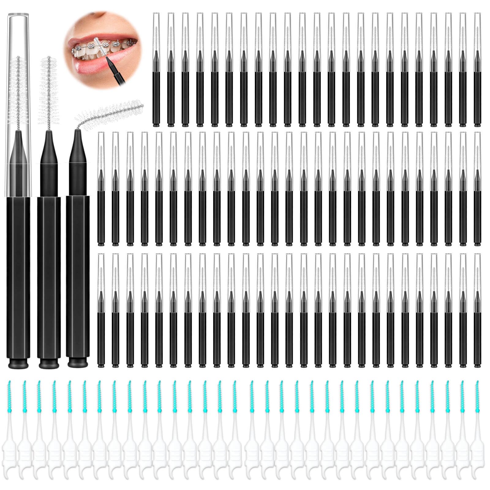 **Lezmarket 300PCS Soft & Bendable Interdental Brushes for Braces - Orthodontic Dental Cleaner, Teeth Flossers & Tooth Picks for Effective Plaque Removal (Black) - Perfect for Travel & Daily Oral Care**