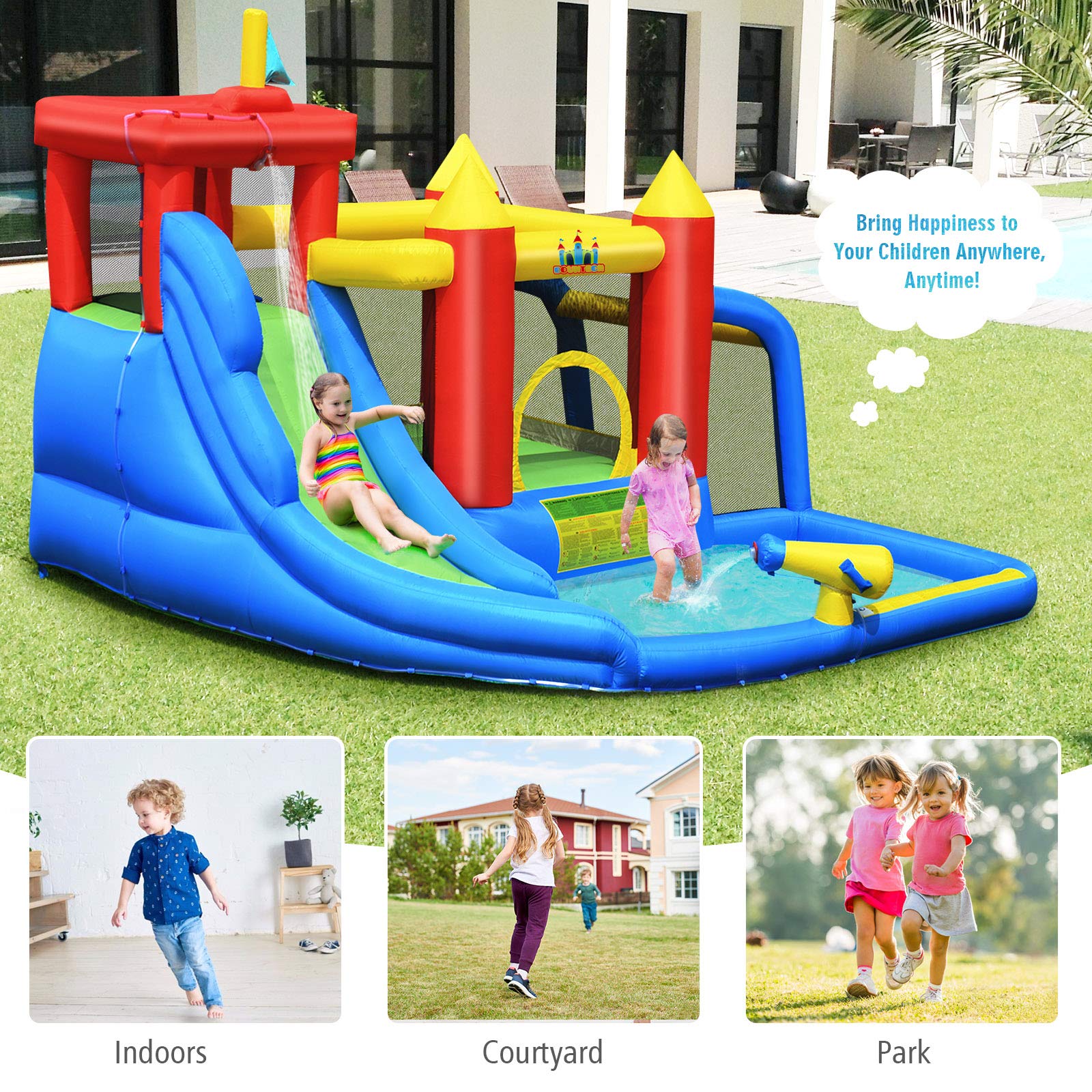 BOUNTECH 7-in-1 Inflatable Water Slide Park with Football Gate & Splash Pool - Giant Bounce House for Kids & Adults - Backyard Water Slides for Summer Outdoor Fun - Perfect Birthday Gift & Party Entertainment