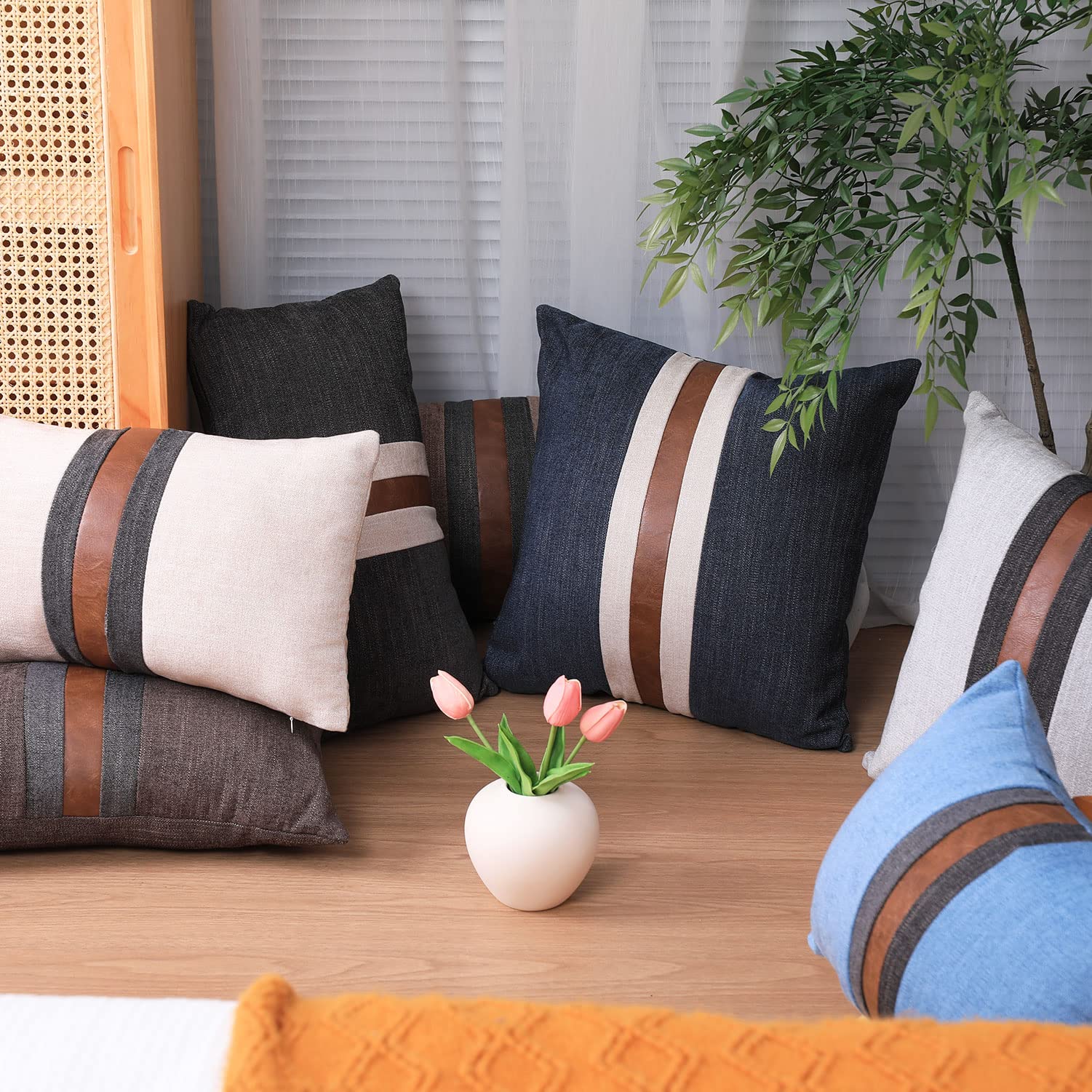 BOYSUM 18x18 Inch Faux Leather Farmhouse Decorative Throw Pillow Covers - Brown & Grey Modern Accent Pillows for Outdoor, Couch, Sofa & Bed - Perfect for Living Room, Patio & Farmhouse Decor