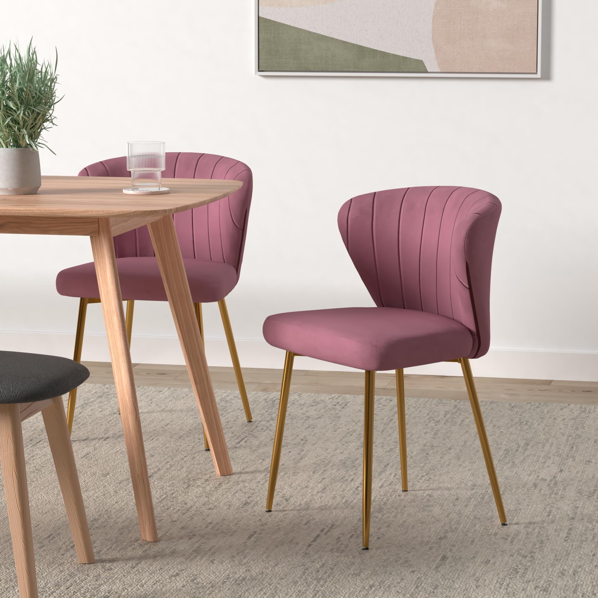 Nrizc Velvet Dining Chairs Set of 2 - Tufted Upholstered Mid Century Modern Chairs with Golden Metal Legs for Dining Room, Kitchen, Living Room (Pink) | Elegant Home Decor & Comfortable Seating for Dinner Parties, Family Gatherings & Daily Use
