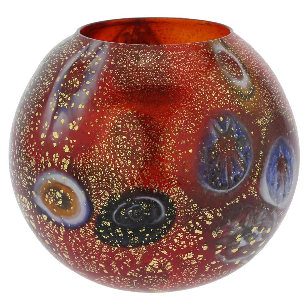 Authentic Murano Glass Millefiori Votive Candle Holder - Handcrafted in Venice, Italy | Elegant Red Glass Home Decor for Dining Table, Wedding Centerpiece & Romantic Ambiance