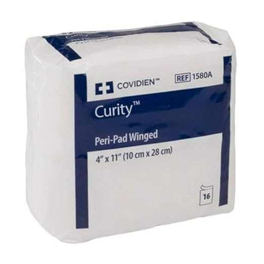 Covidien 1580A Curity Winged Peri Pad, 4 x 11 Inches, Postpartum Maternity Pads for Women, Soft & Absorbent for Comfort After Delivery - Ideal for Hospital Use & Home Recovery
