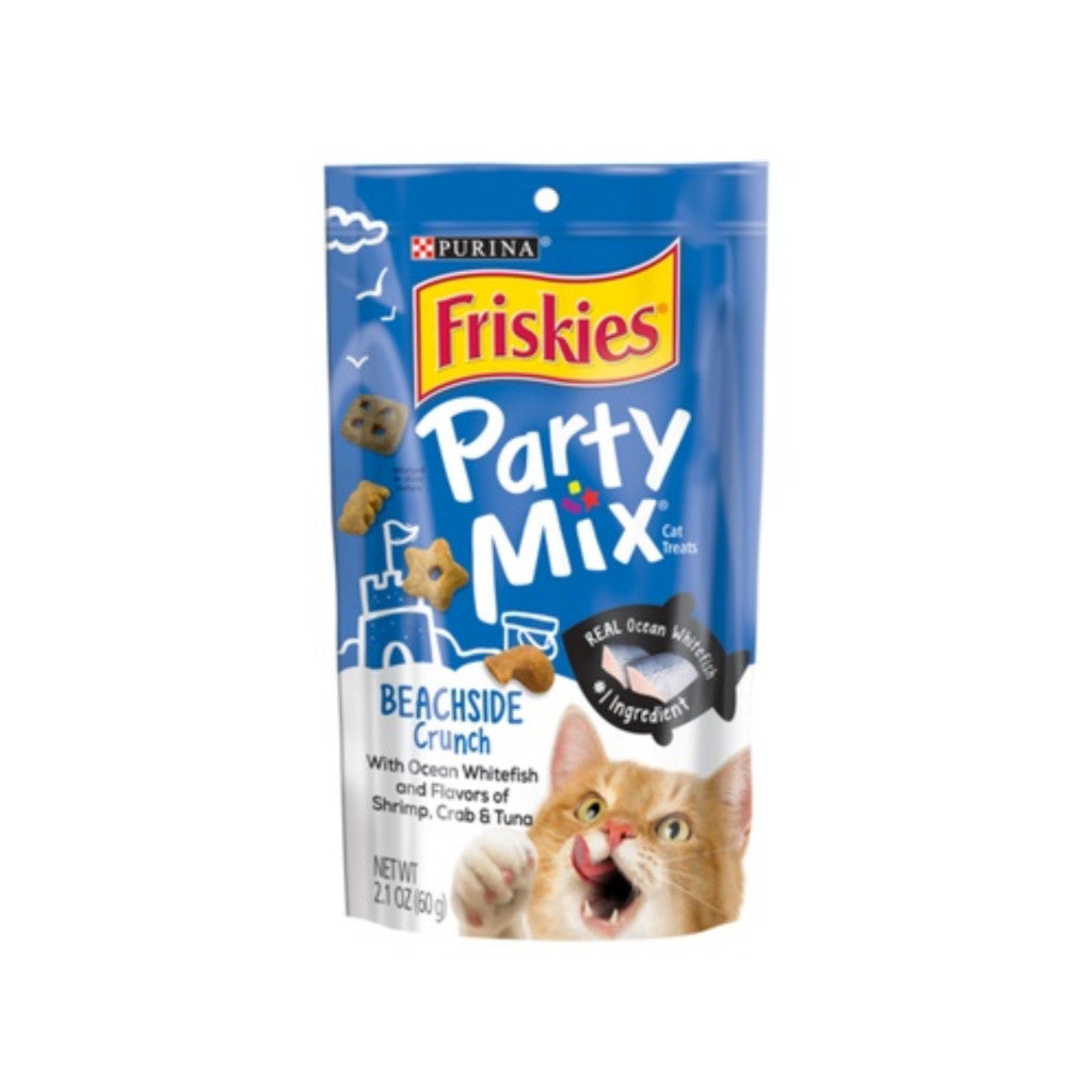 Friskies Party Mix Crunch Cat Treats 60g - Beachside Crunch with Cheezy Gravylicious Chicken & Turkey Flavor - Perfect for Training, Rewards & Bonding with Your Cat
