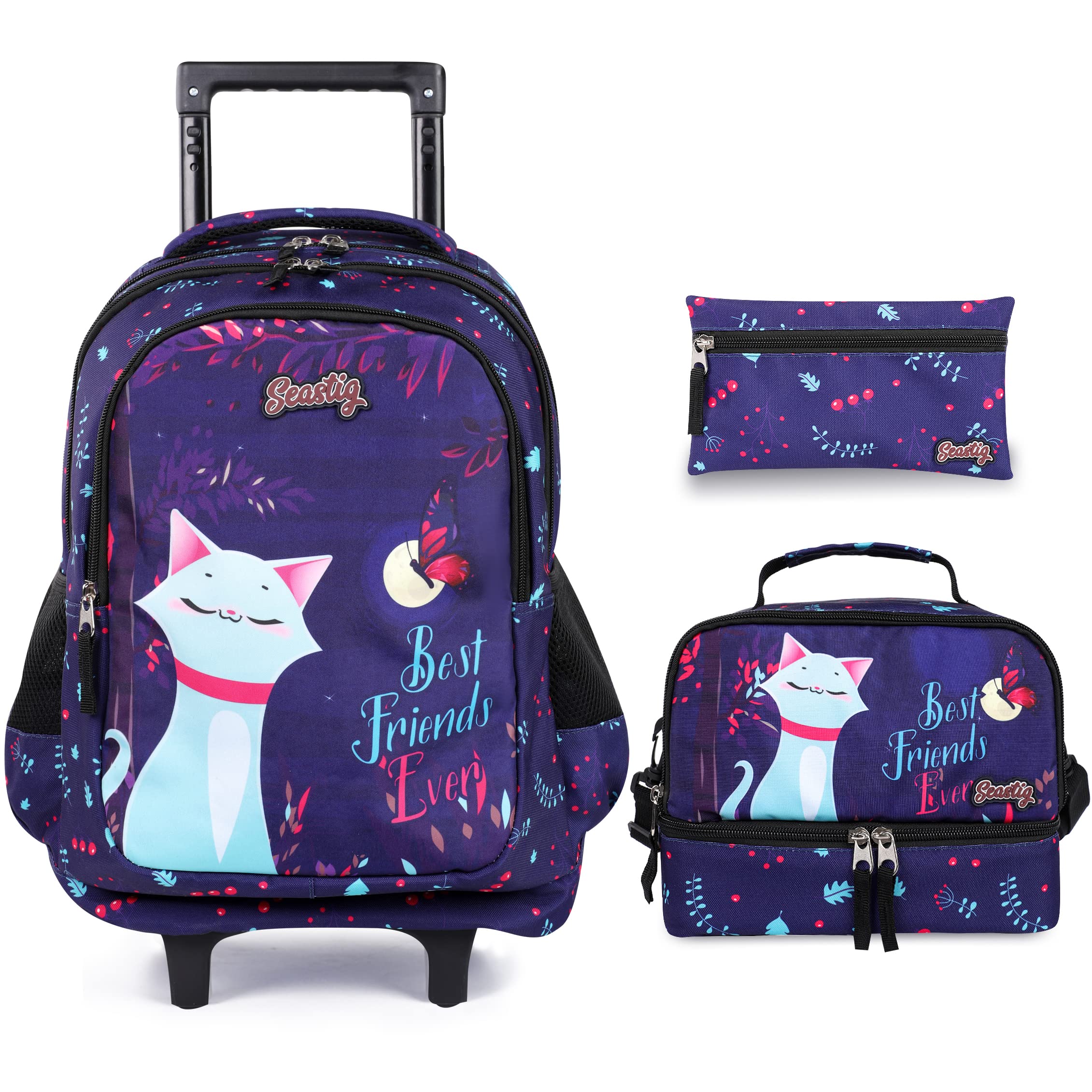 Seastig 18in Rolling Backpack for Kids - Double Handle Wheeled Backpack with Lunch Bag Set | School, Travel & Daily Use for Boys & Girls